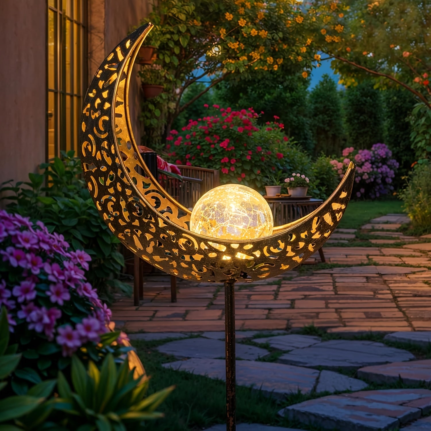 BEAKJEONG Solar-Powered Outdoor Moon Light with Motion Sensor & 3D Glowing Moon Effect - IP65 Waterproof & Rustproof Metal/ABS Construction, 39.88cm Large Solar Garden Lamp for Pathway, Patio, RV, Camping - Warm White LED Moo