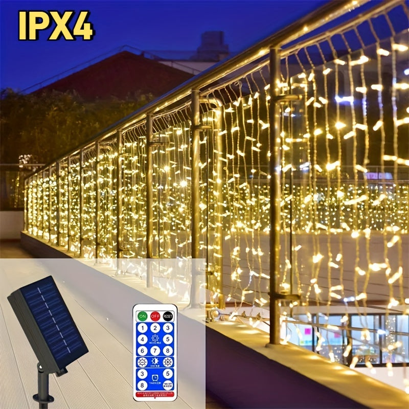 1 pack, outdoor solar 59.98meter x 7.19meter curtain cord light, IPX4, 8 modes of remote control waterfall light, courtyard garden balcony birthday party wedding decoration light, commercial lighting atmosphere string light,