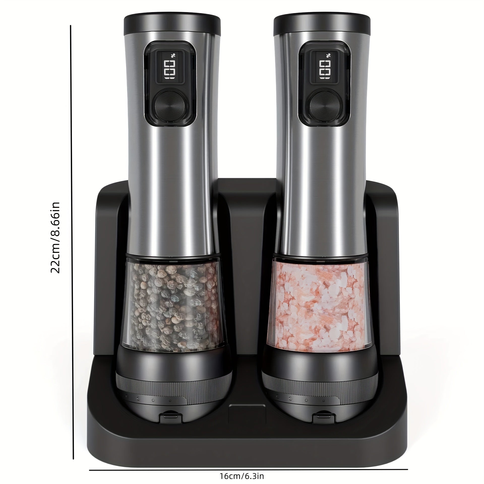2pcs, Stainless Steel Electric Pepper Salt Grinder with LED Display, Combination Base and USB Charging, Roughness Adjustable, Large Capacity Pepper Salt Grinder, Suitable for Kitchen, Restaurant and Outdoor Use, Ideal Choice