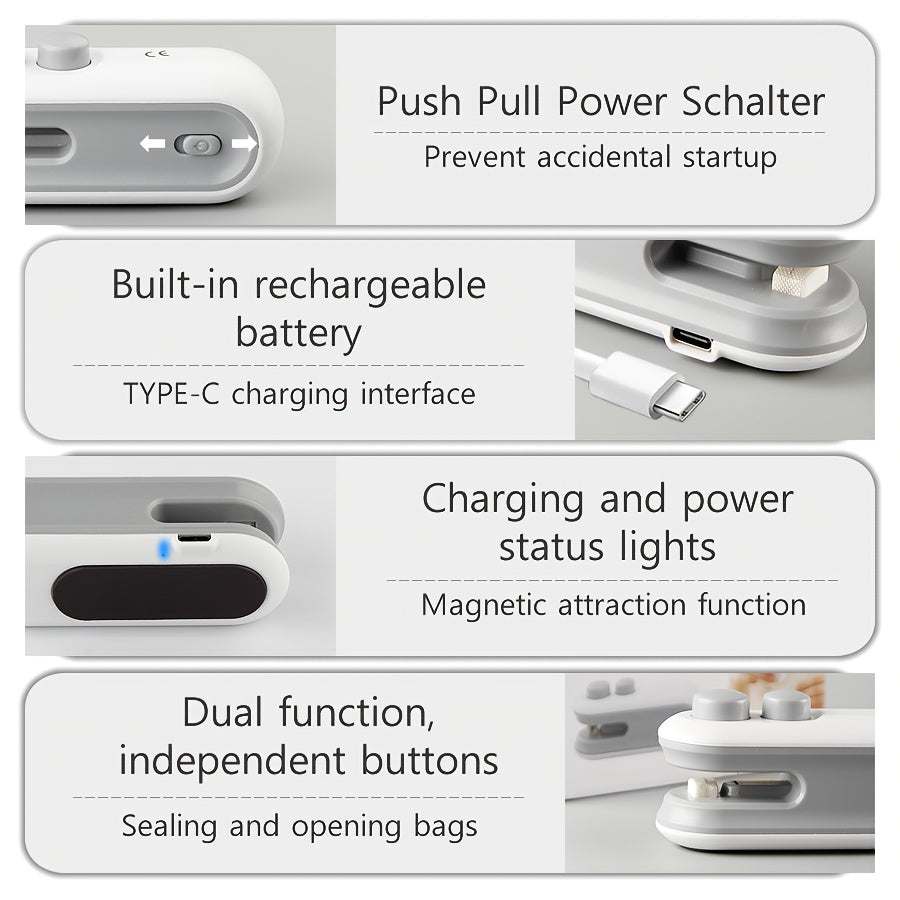 SealMini EQ — Sellador Portátil Recargable para Bolsas de Snacks (USB, Batería de Litio Integrada, Ideal para Viajes y Picnic)