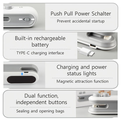 SealMini EQ — Sellador Portátil Recargable para Bolsas de Snacks (USB, Batería de Litio Integrada, Ideal para Viajes y Picnic)