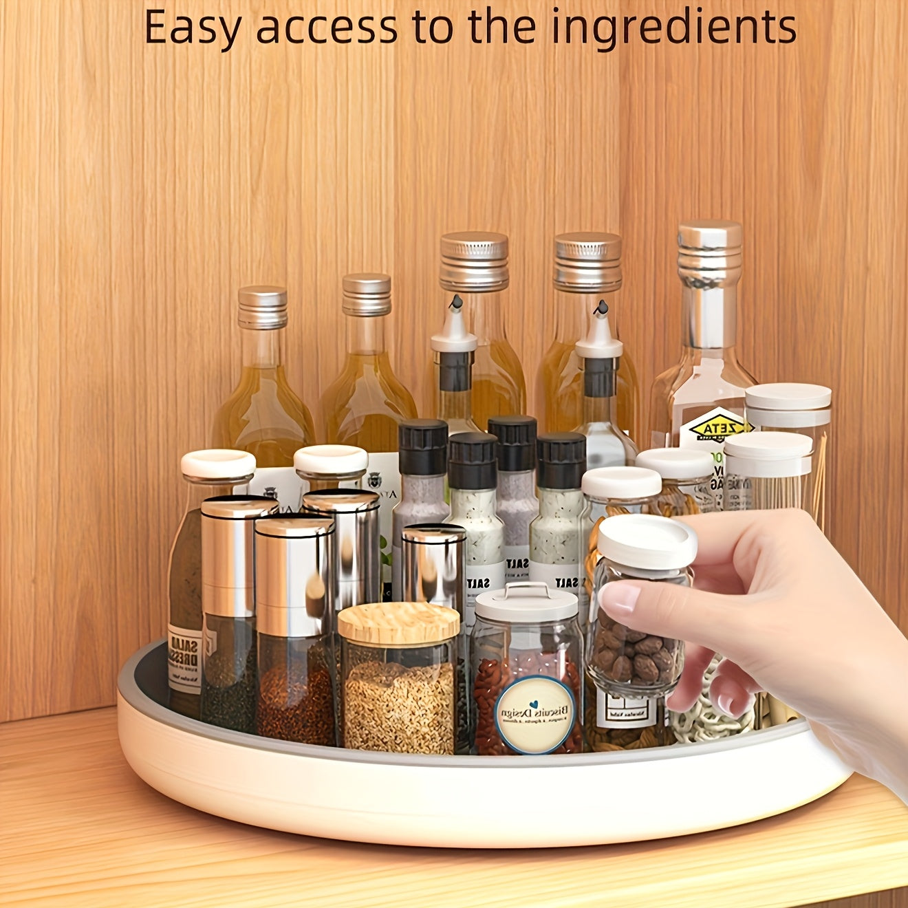 1pc 360° Rotating Kitchen Turntable Organizer - Space-Saving Countertop Spice Rack with Sliding Shelves & Multi-Compartment Storage, Durable Plastic White Turntable for Spices, Condiments, Cooking Oils, Sauces - Compact Mode