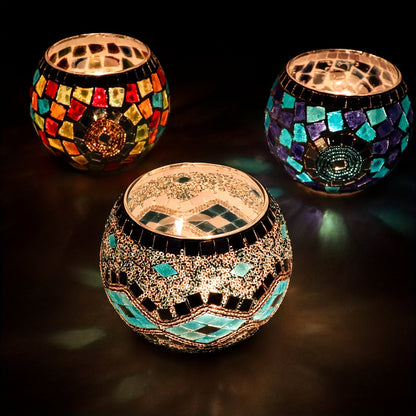 LuzMosaico VH — Set of 3 Turkish-Moroccan Handmade Candle Holders (Crystal with Lacquered Finish, Glam Style)