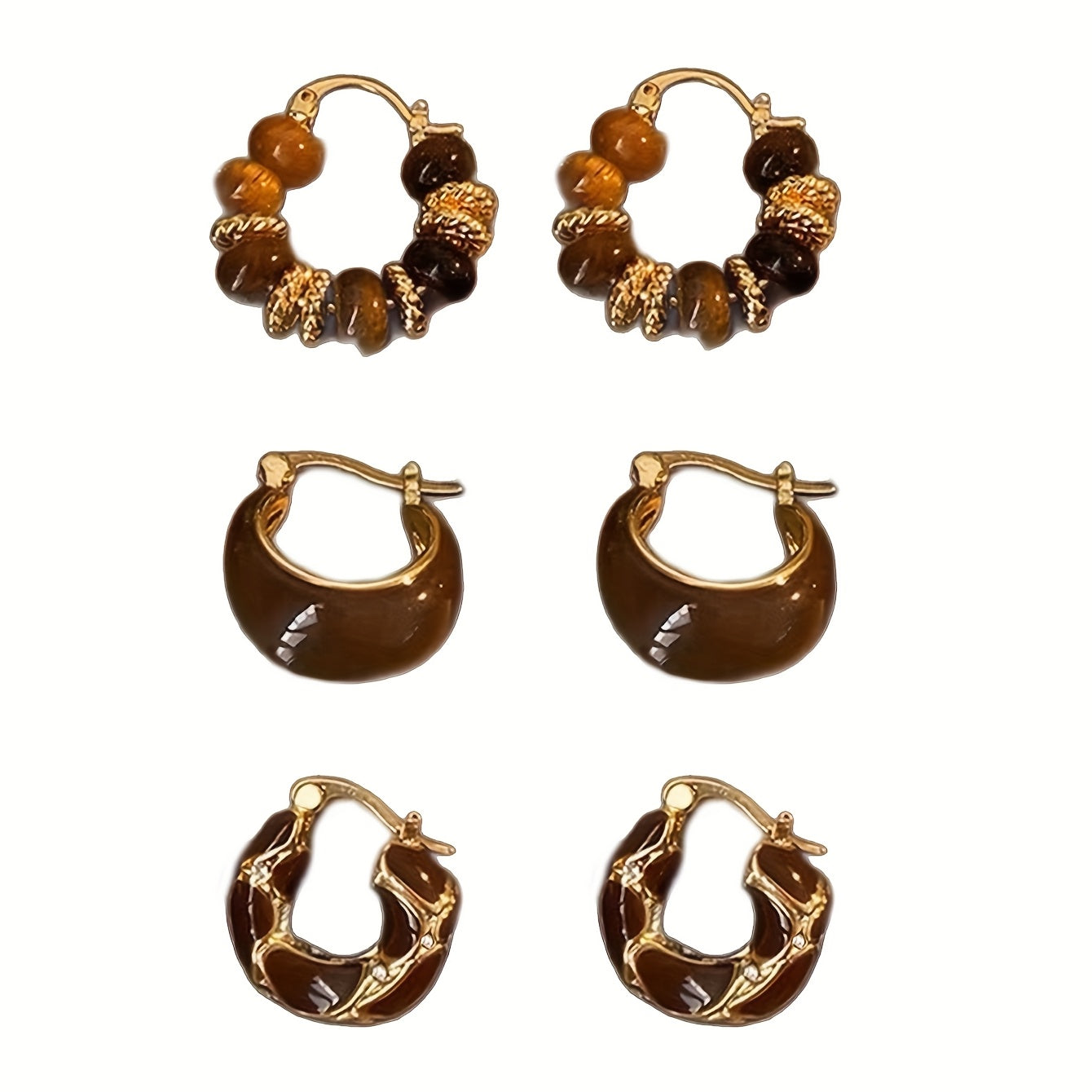 Amber Elegance — Set de 3 Pares de Aros Vintage con Cuentas Ámbar