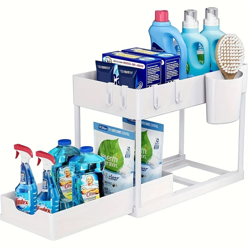 2-Tier Sliding Under Sink Organizer with Metal Frame - Black/White Plastic Storage Basket for Kitchen Spices, Cosmetics & Accessories, Multi-Purpose Bathroom Cabinet Drawer Shelf, Kitchen Organizer | Sleek Storage Solution |