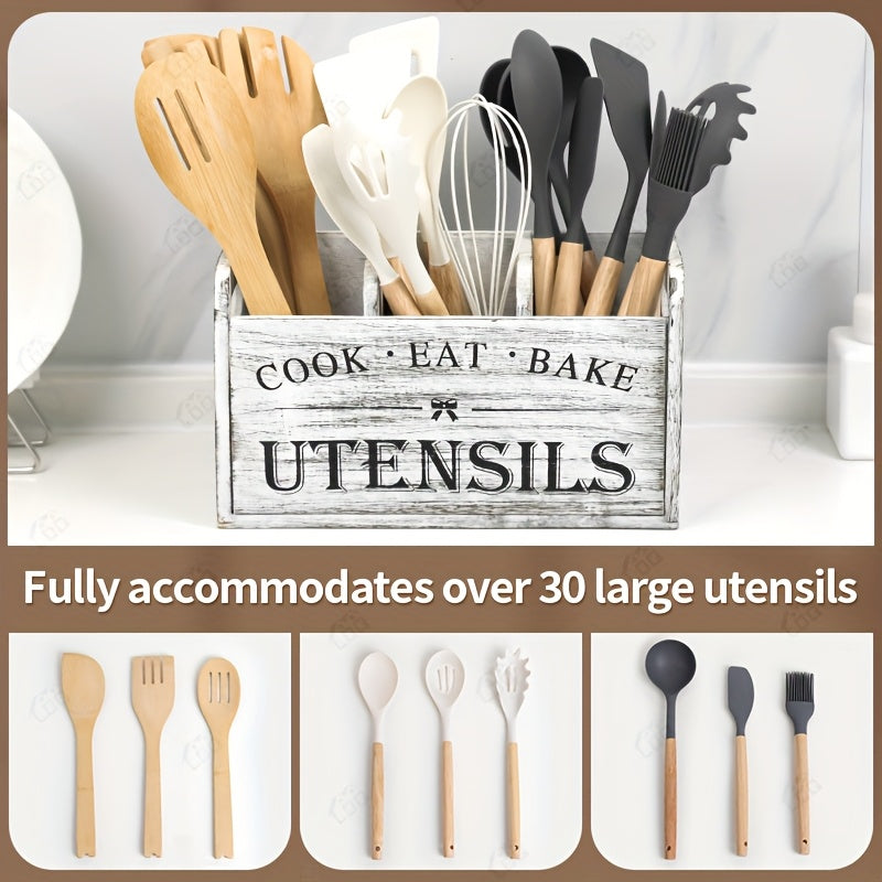LDQ 1pc 3-Compartment Rustic Wooden Kitchen Utensil Holder, Countertop And Wall-Mounted Kitchen Storage Utensils, Kitchen Organization And Storage, Kitchen Accessories for Fork, Spoons, And More Cook Utensils | Multi-Purpose