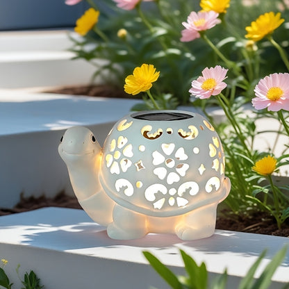 TortuLuz TT — Lámpara Solar de Jardín en Forma de Tortuga con Detalles Florales (Estilo Rústico, Resina)