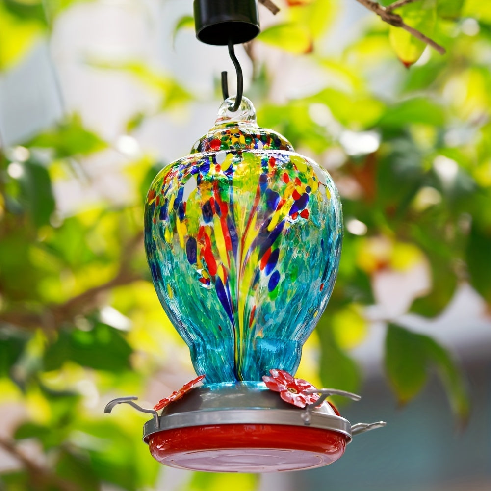 Colorful Hand-Blown Glass Hummingbird Feeder: 32oz (946ml) Capacity, Outdoor Hanging, Ant Moat, No Electricity Required
