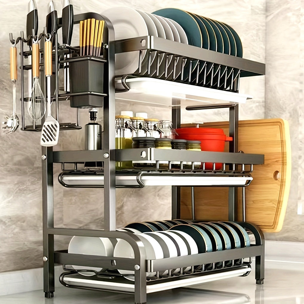 A Complete Set of High-Quality Carbon Steel Three-Layer Bowls, Plates, Chopsticks, Forks, Spoons, Cups, And a Cutting Board with a Draining And Storage Rack.
