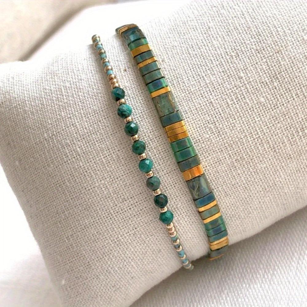 VerdeAura — Set de 2 Pulseras Bohemias con Cuentas de Vidrio y Piedras Semipreciosas