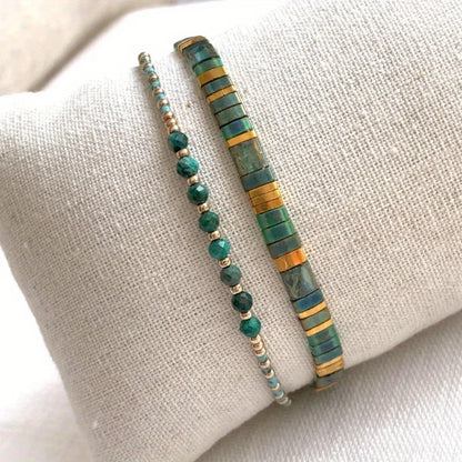 VerdeAura — Set de 2 Pulseras Bohemias con Cuentas de Vidrio y Piedras Semipreciosas