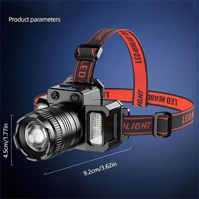 1pc HXP50+COB Rechargeable LED Headlamp, Hands-Free Head Mount Torch with Infrared Sensor Switch, 1500mAh Lithium Battery, USB Cable Included, for Outdoor Camping, Fishing, Climbing, Emergency Light