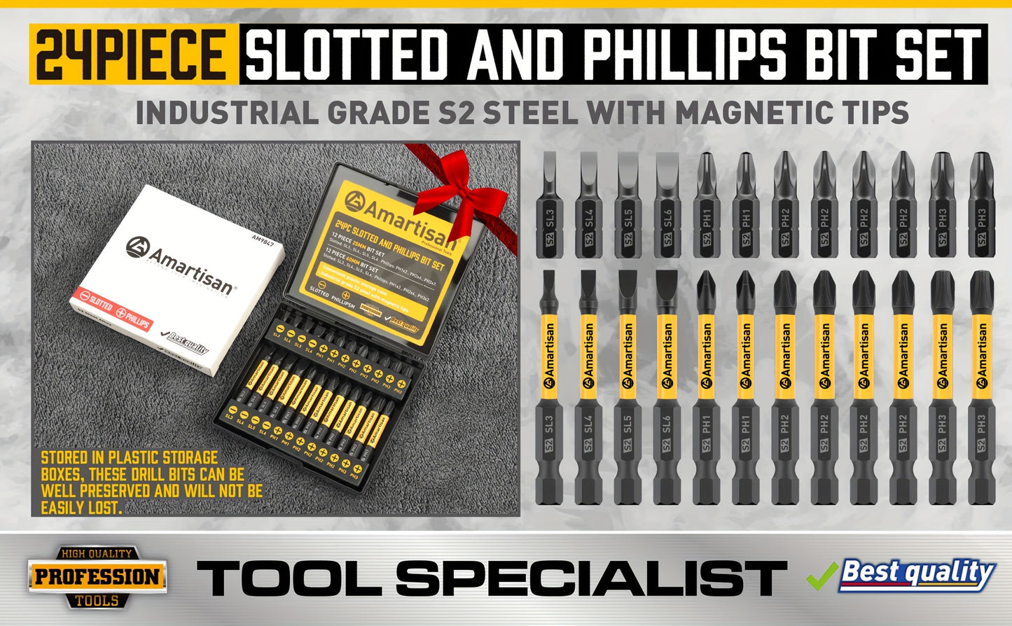 AMARTISAN ProBit 24 — Set of 24 Screwdriver and Drill Bits in S2 Steel
