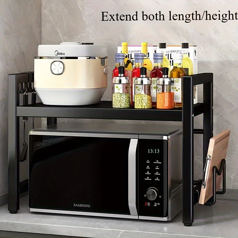 1pc Adjustable Metal Microwave Rack, a New Level of Kitchen Storage: Adjustable Length, Multi-Layer Usage, Retractable Microwave Kitchen Shelf for Countertop, Oven Rack, Home Use Rice Cooker Storage Shelf.