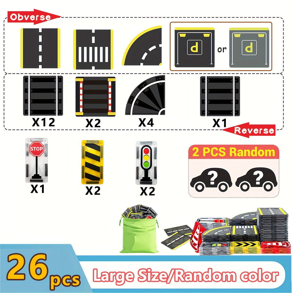 Magical Road Set with Magnetic Road Indicators, Toy Cars, and Magnetic Building Blocks STEM Educational Creative Construction Toys for Kids - Random Colors