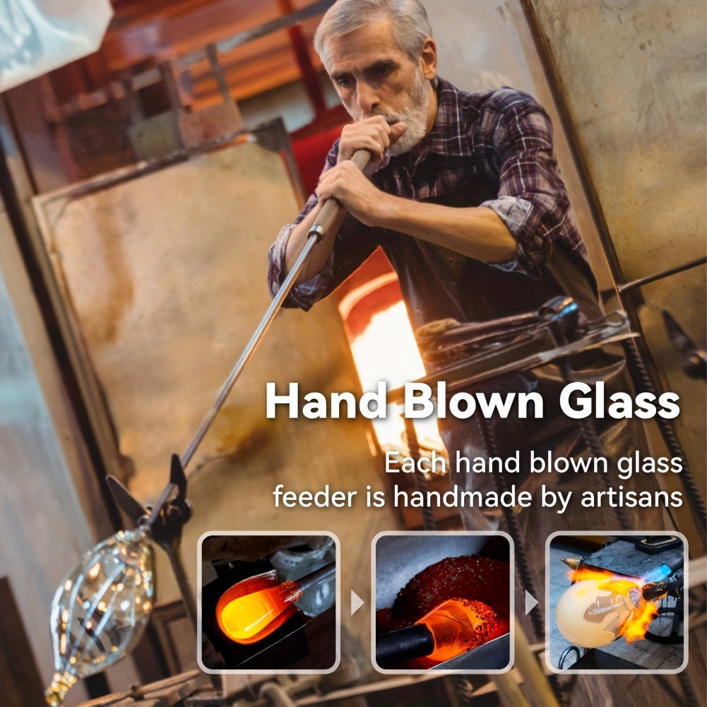 Colorful Hand-Blown Glass Hummingbird Feeder: 32oz (946ml) Capacity, Outdoor Hanging, Ant Moat, No Electricity Required