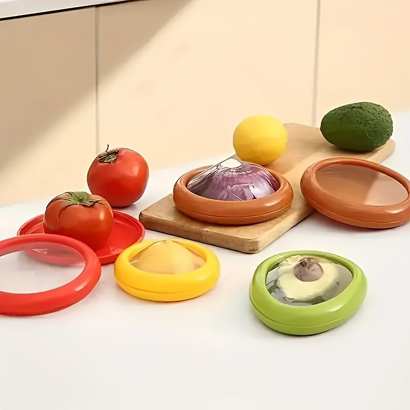A Set of 4 Silicone Fruit And Vegetable Storage Containers, Reusable Fridge Storage Boxes, Ideal for Preserving Avocados, Tomatoes, And Perfect for Garlic, Onions, Lemons, And Potatoes.