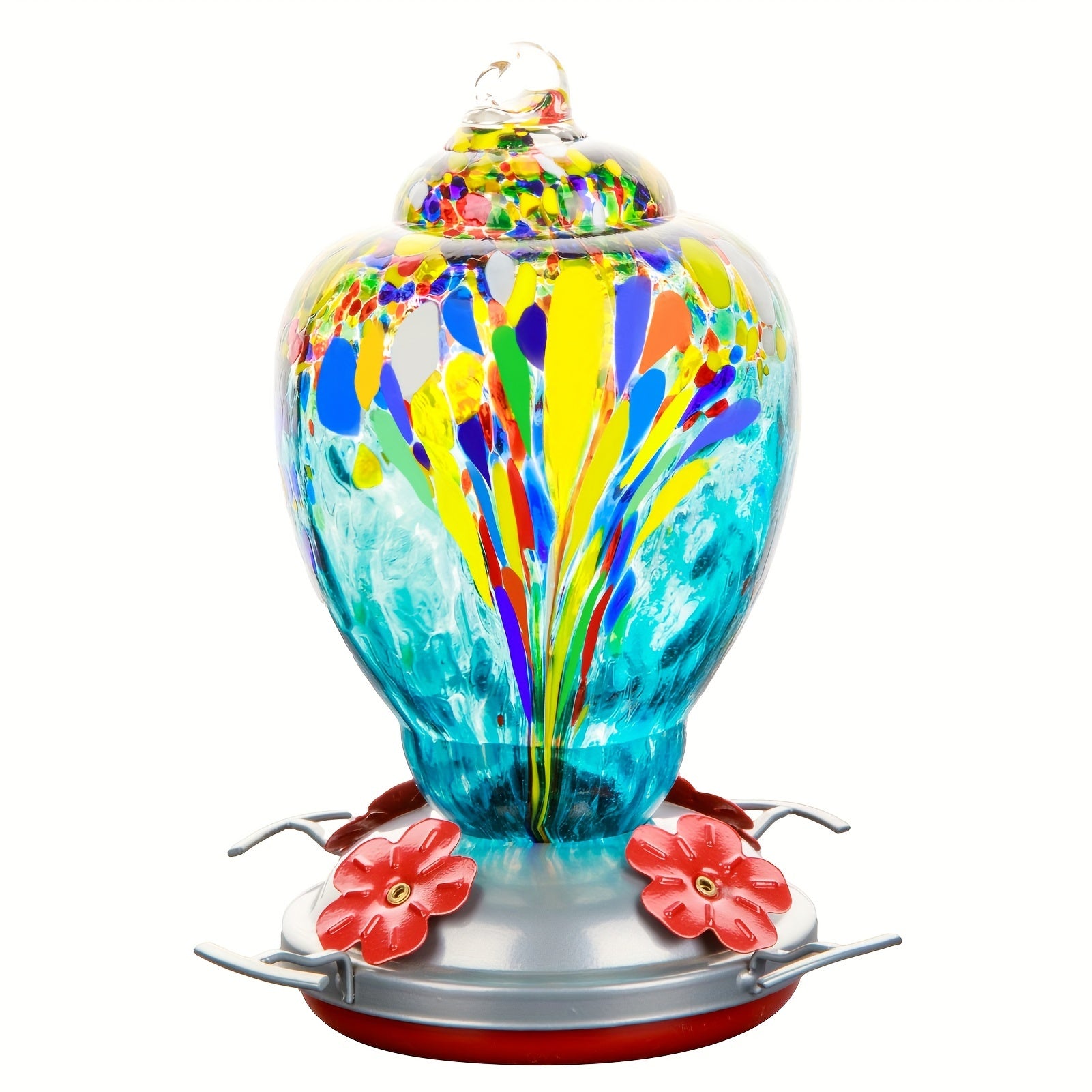 Colorful Hand-Blown Glass Hummingbird Feeder: 32oz (946ml) Capacity, Outdoor Hanging, Ant Moat, No Electricity Required