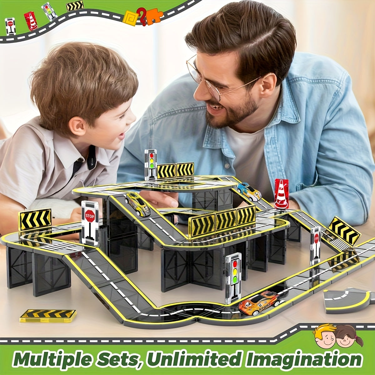 Magical Road Set with Magnetic Road Indicators, Toy Cars, and Magnetic Building Blocks STEM Educational Creative Construction Toys for Kids - Random Colors