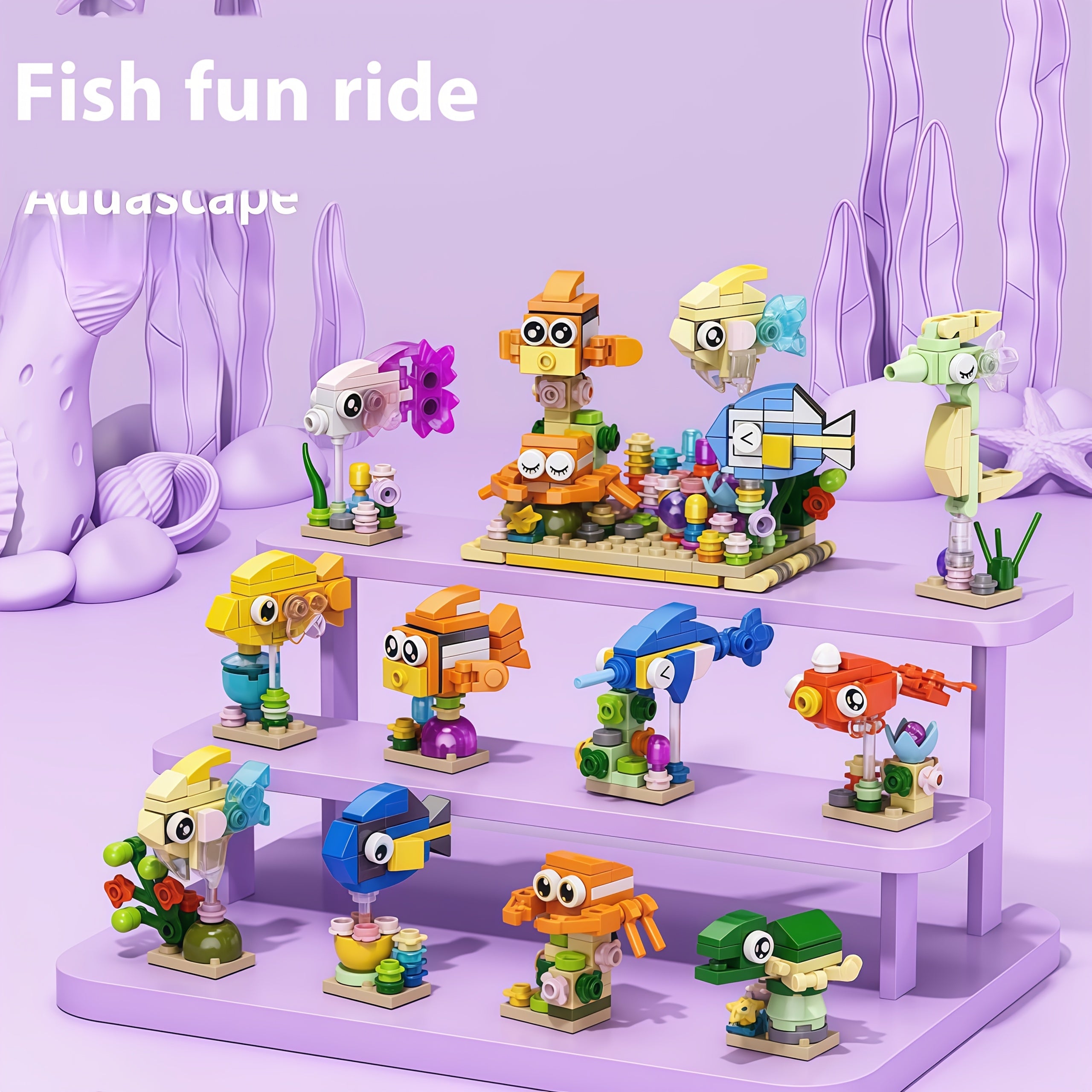 10-in-1 Mini Fish Series Building Block Set, Christmas Gift Assembly Toy, Sea Fish Model Kit, Holiday Birthday Present, Halloween Thanksgiving Tabletop Decoration, 344pcs – Build 10 Small Models or Combine into 1 Large Stru
