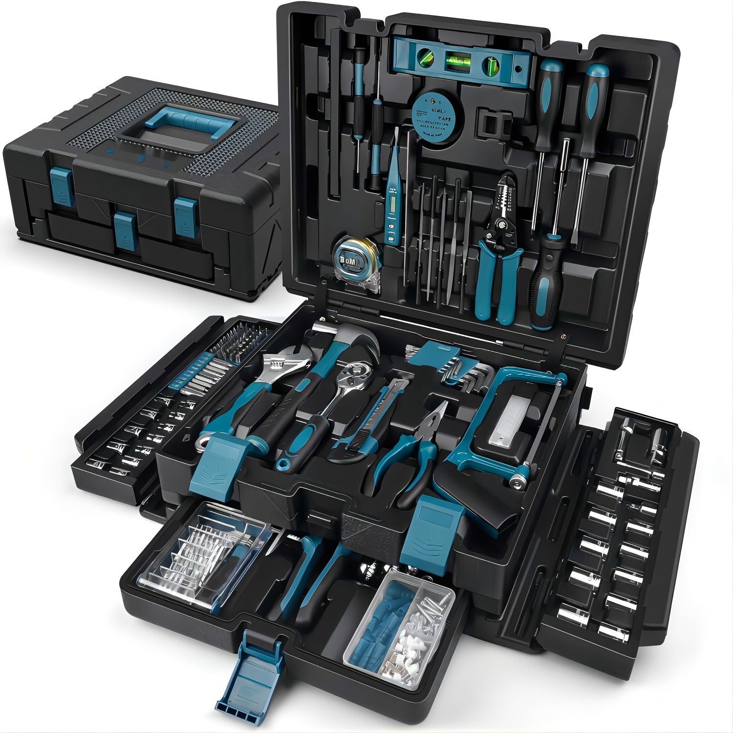 379pcs Complete Home Tool Kit - Portable Household & Auto Repair Tool Set with Drawer - General Purpose Hand Tools Storage Case - Comprehensive Basic Tool Box for Handyman, DIY & Homeowners - Alloy, Blue, No Assembly Required