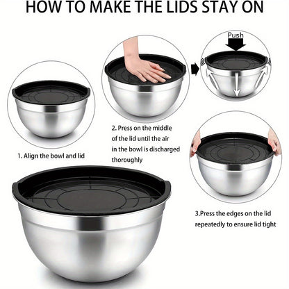 SteelMix TR — Set de 5 Bowls de Acero Inoxidable con Tapas Selladas (Apto para Horno, Cocina Multifuncional)