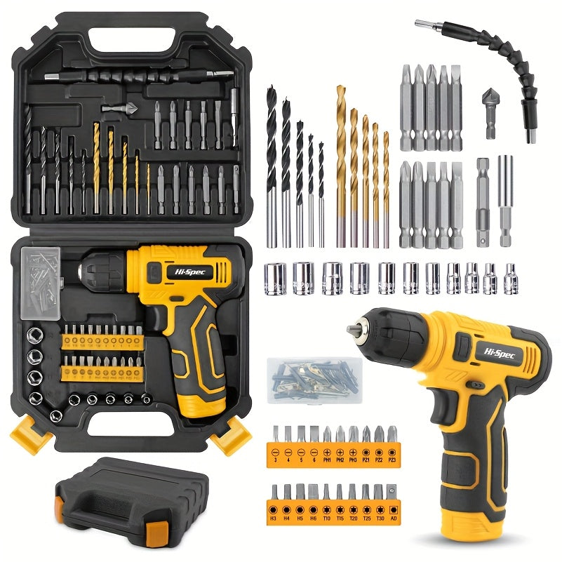 Hi-Spec 8V Cordless Electric Tool Set with Lithium-Ion Battery & Charger, Cordless Drill/Driver, Impact Driver, Screwdriver Kit, Wrench Set, Impact Socket Set, Torx Bits, Power Tool Kit with Carrying Case - Heavy-Duty All-in-