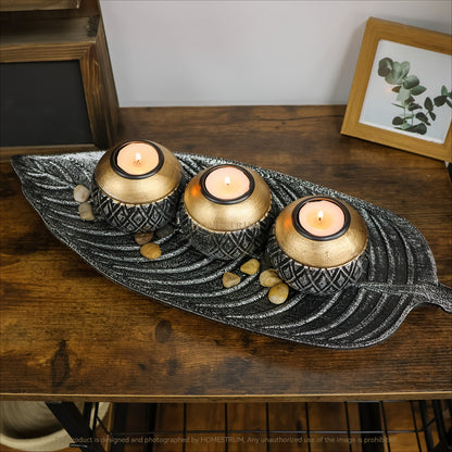Leaf Harmony — Set de Portavelas de Madera con Bandeja y Esferas