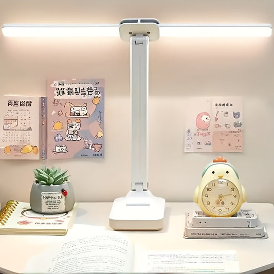 FlexGlow AN — Lámpara LED de Escritorio con Doble Cabezal y Control Táctil (Recargable, 3 Modos de Luz, Puerto USB, Color Blanco)