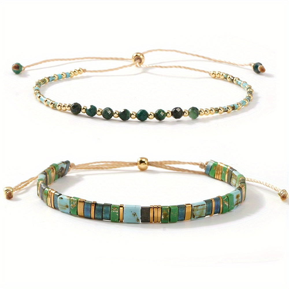 VerdeAura — Set de 2 Pulseras Bohemias con Cuentas de Vidrio y Piedras Semipreciosas