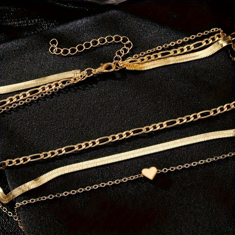 Elegant Layered Heart Charm Snake & Cuban Chain Necklaces, Retro Classic Style Fashion Women's Clavicle Chain Jewelry Set