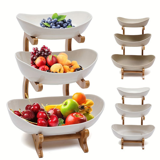 Frutéa ER — Canasta de 2/3 Niveles para Frutas y Verduras con Patas de Madera (Forma Ovalada, Material PC Resistente)