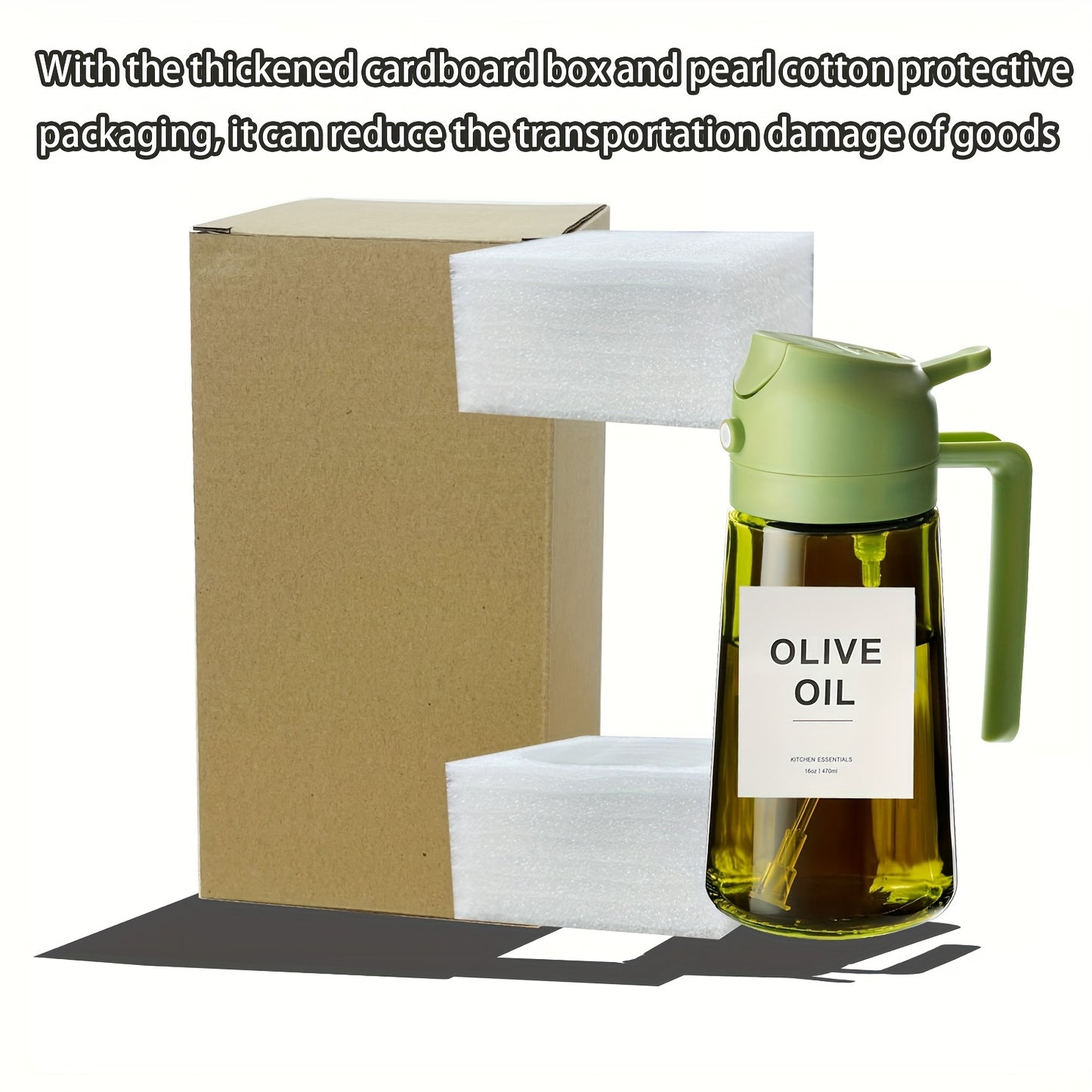 OliVerde EX — Dispensador de Aceite de Vidrio 2 en 1 con Tapa Automática (16oz, Color Verde Oliva, Etiquetas Incluidas)