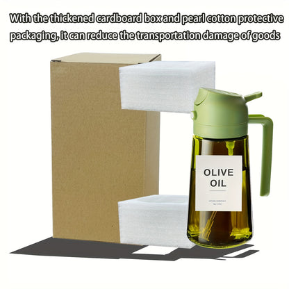 OliVerde EX — Dispensador de Aceite de Vidrio 2 en 1 con Tapa Automática (16oz, Color Verde Oliva, Etiquetas Incluidas)