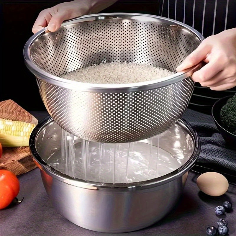2pcs Stainless Steel Micro-Pore Filter Bowl Set – Multi-Purpose Colander & Mixing Basin for Washing Vegetables, Fruits, Rice & Draining Pasta | Extra-Thick Large Capacity, Dishwasher Safe & Rust-Proof