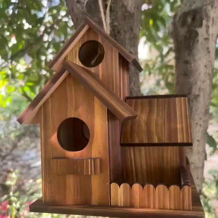 3-Room Rustic Wooden Birdhouse with Multiple Perches & Rooftop Vents - High-Quality Pine Wood Garden Feeder for Birds, Outdoor Weather-Resistant Design, Natural Finish, Without Battery