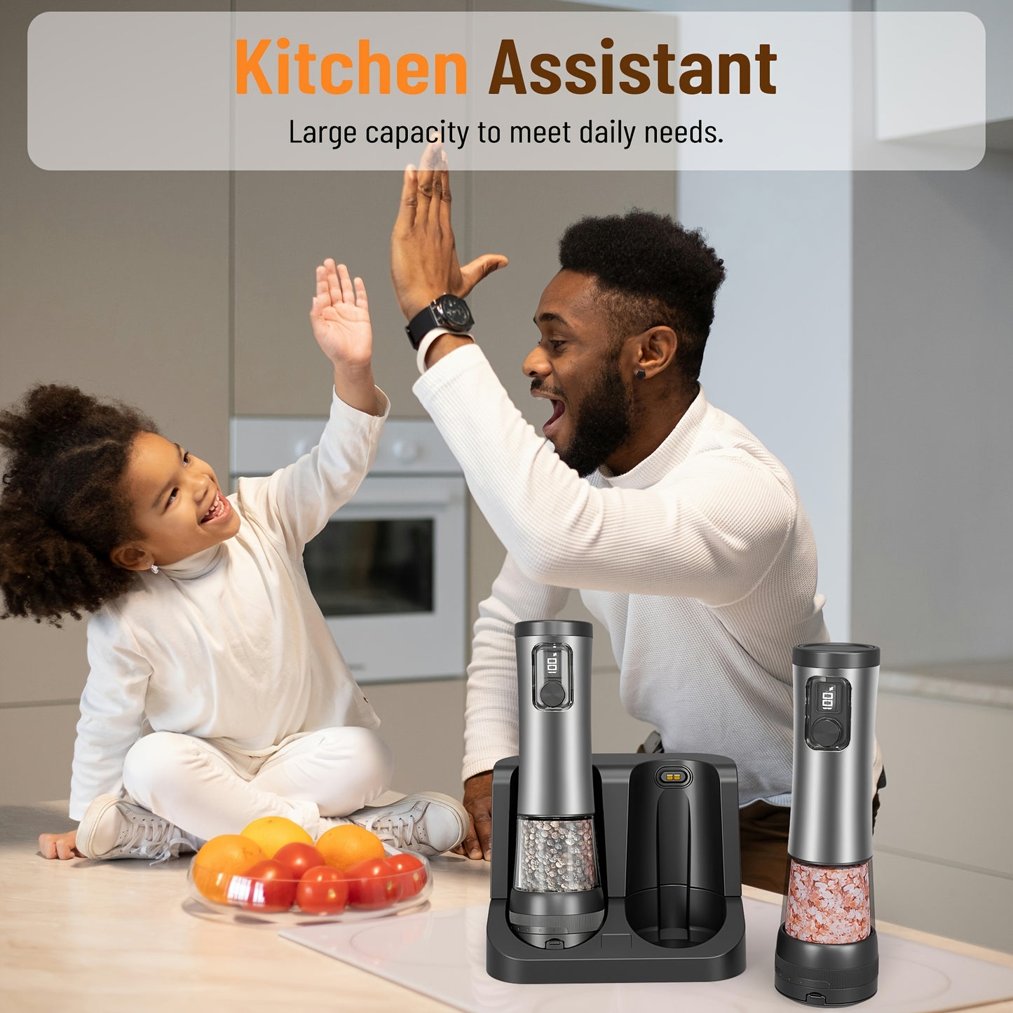 GrindLux WA — Set de 2 Molinillos Eléctricos de Sal y Pimienta con Pantalla LED (Acero Inoxidable 301, USB Recargable, Base Combinada)