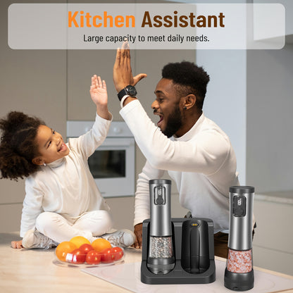 GrindLux WA — Set de 2 Molinillos Eléctricos de Sal y Pimienta con Pantalla LED (Acero Inoxidable 301, USB Recargable, Base Combinada)