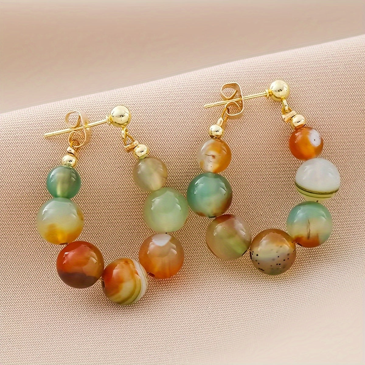 Pair of Vintage Bohemian Beaded Drop Earrings for Women – Colorful Marbled Stone Design, Golden-Tone Hooks, Perfect for Parties, Holidays, and Casual Attire, Quirky Earrings