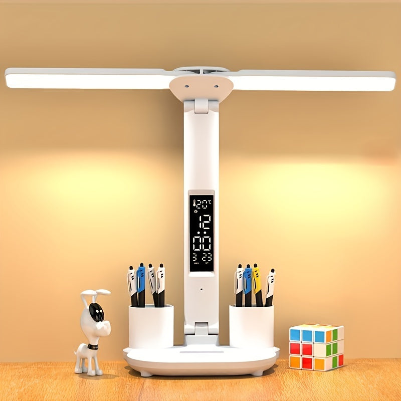 Foldable LED Desk Lamp with Digital Clock & Calendar Display, USB-Powered Touch Control, Sleek White Design for Bedroom Bedside Reading - Includes USB Cable, Bedside Reading Light | Modern Desk Lamp | Foldable Lamp, Desk Lamp