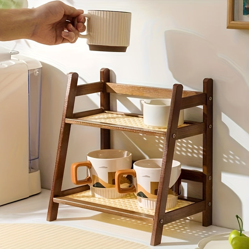 Double layer wooden cup storage rack, 26cm/10 inch artificial rattan mug organizer, suitable for kitchen and living room, compact desktop rack, can hold mugs, cups and small items, durable wooden material, space saving design