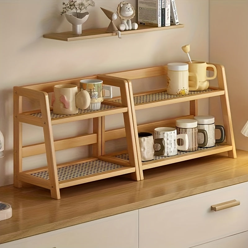 Double layer wooden cup storage rack, 26cm/10 inch artificial rattan mug organizer, suitable for kitchen and living room, compact desktop rack, can hold mugs, cups and small items, durable wooden material, space saving design