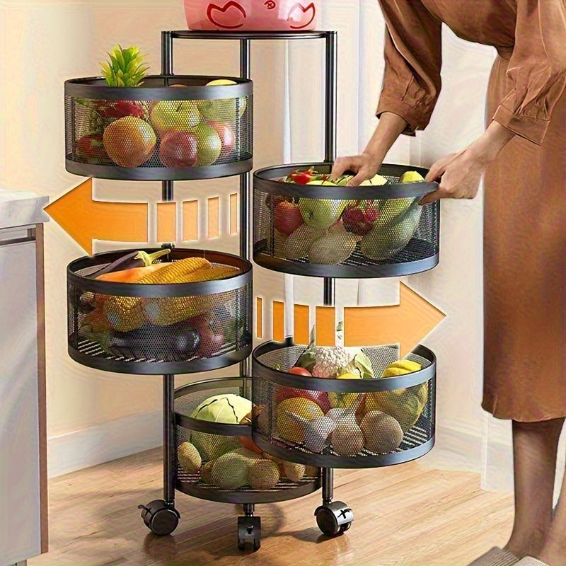 Easy No-Assembly Rotating Metal Storage Rack - Multi-Tier Black Wire Mesh Fruit & Vegetable Organizer with Wheels for Kitchen, Living Room - Sturdy Floor-Standing Shelf, Space-Saving Modern Home Decor, Minimalist Design, Dura