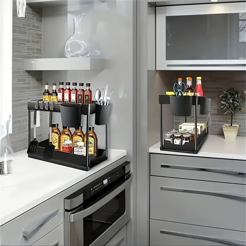 2-Tier Sliding Under Sink Organizer with Metal Frame - Black/White Plastic Storage Basket for Kitchen Spices, Cosmetics & Accessories, Multi-Purpose Bathroom Cabinet Drawer Shelf, Kitchen Organizer | Sleek Storage Solution |