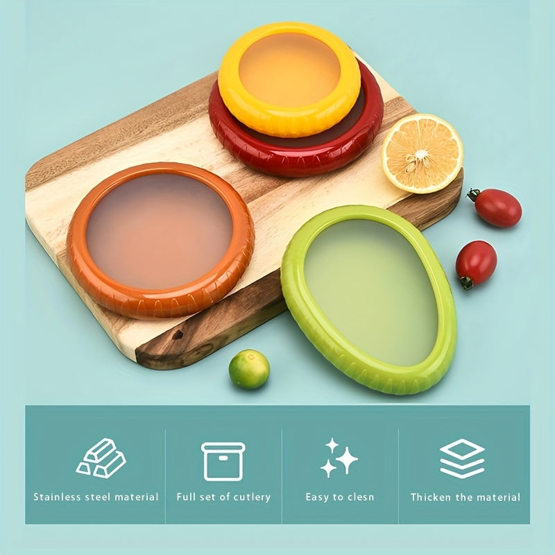 A Set of 4 Silicone Fruit And Vegetable Storage Containers, Reusable Fridge Storage Boxes, Ideal for Preserving Avocados, Tomatoes, And Perfect for Garlic, Onions, Lemons, And Potatoes.