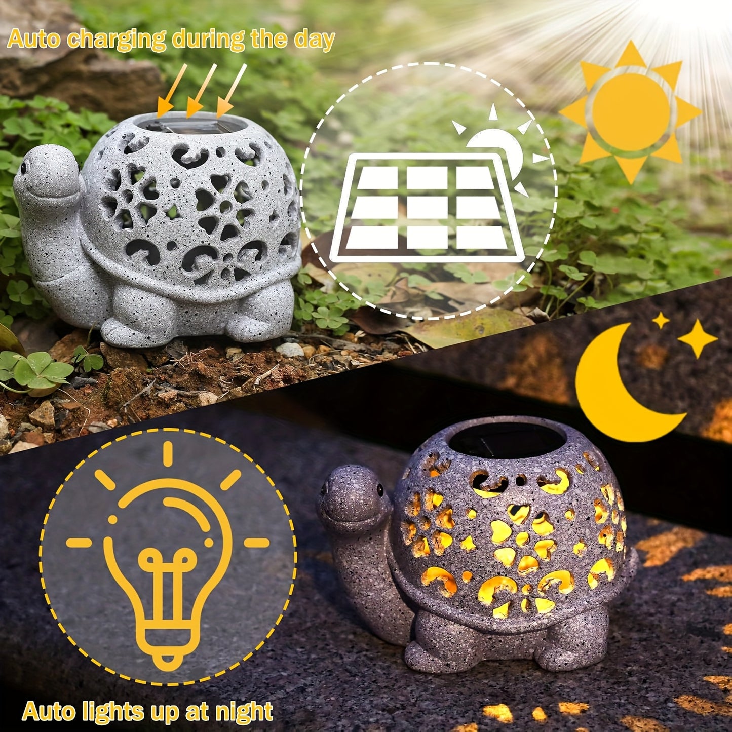 TortuLuz TT — Lámpara Solar de Jardín en Forma de Tortuga con Detalles Florales (Estilo Rústico, Resina)