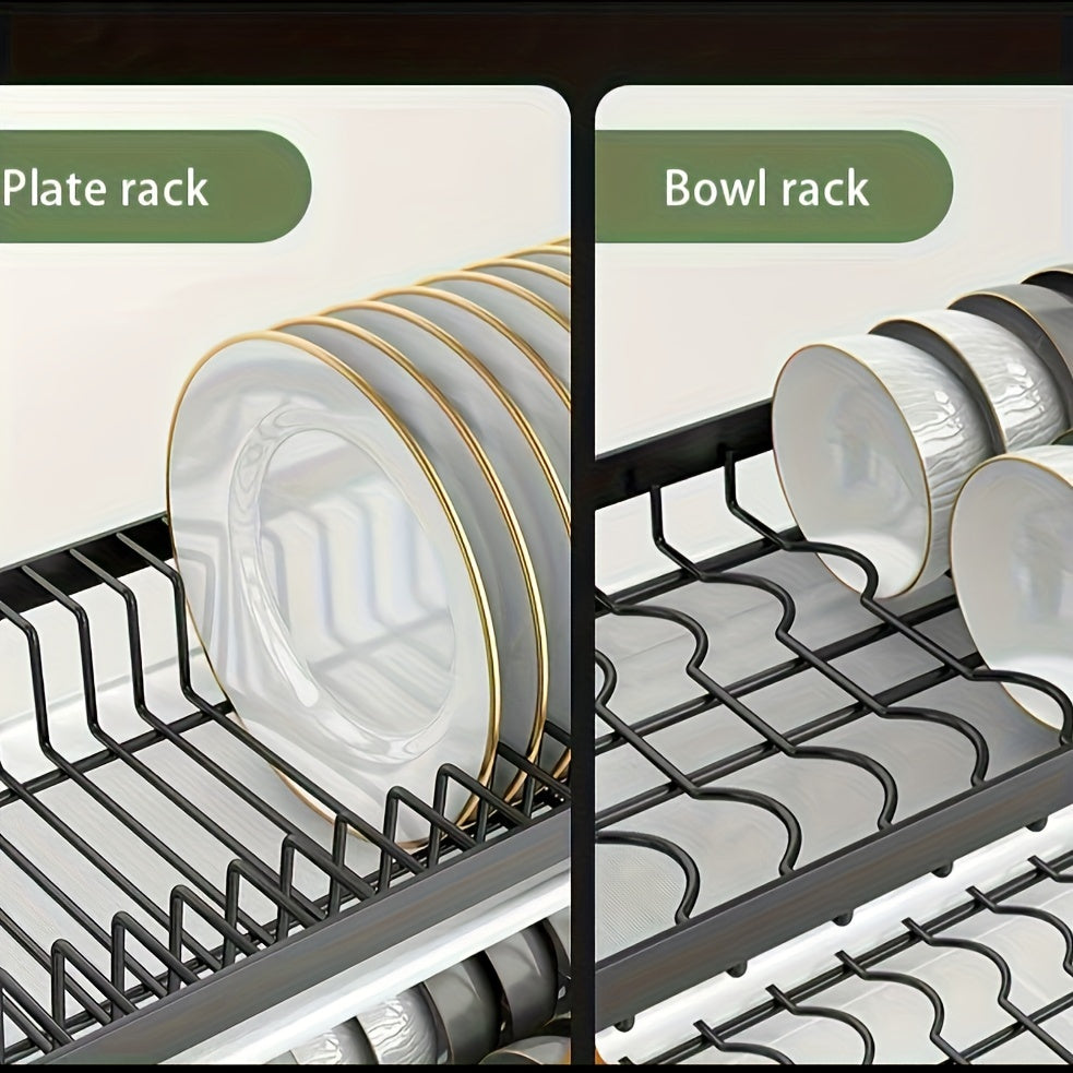 A Complete Set of High-Quality Carbon Steel Three-Layer Bowls, Plates, Chopsticks, Forks, Spoons, Cups, And a Cutting Board with a Draining And Storage Rack.