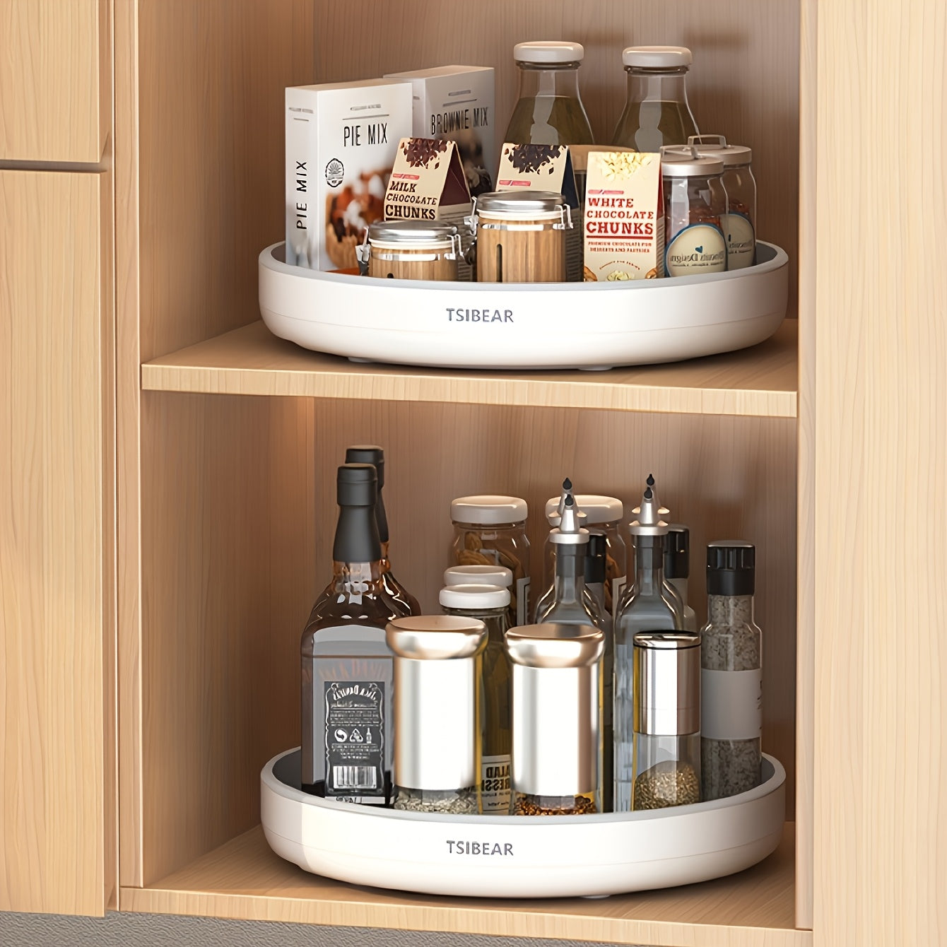 1pc 360° Rotating Kitchen Turntable Organizer - Space-Saving Countertop Spice Rack with Sliding Shelves & Multi-Compartment Storage, Durable Plastic White Turntable for Spices, Condiments, Cooking Oils, Sauces - Compact Mode