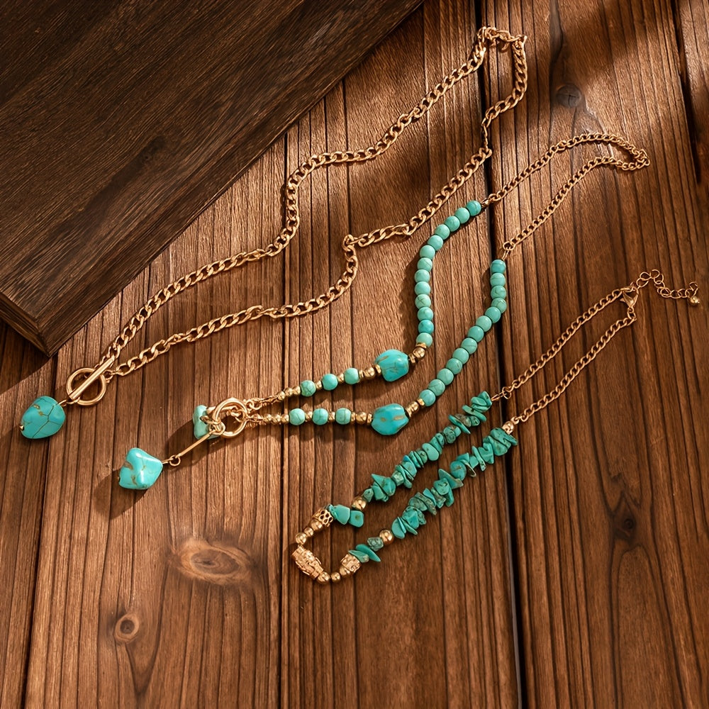 TurquoiseWaves — Set de Collar Bohemio en Capas con Cuentas de Turquesa Sintética
