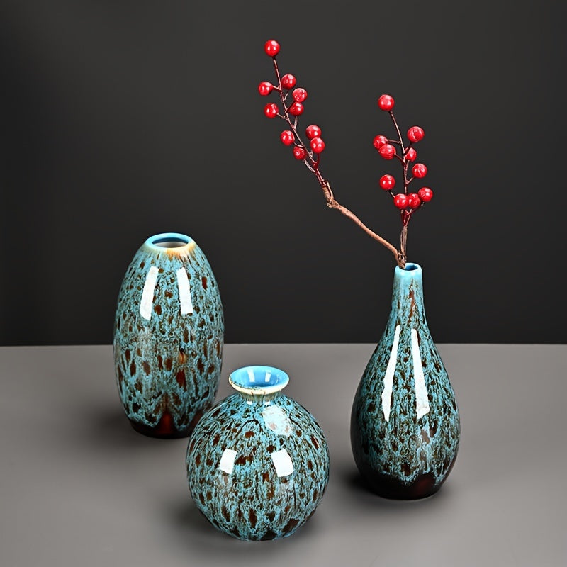 3pcs Blue Small Ceramic Flower Vases - Charming Matte Finish, Modern Boho Decor, Unique Mini Bud Vase Centerpieces For Home, Perfect For Coffee Table, Bookshelf, Mantel, Entrance